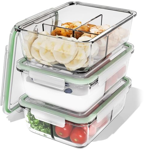 classbach® Meal Prep Boxen Glas mit Fächern | 3er Set | Glasbehälter mit Deckel | geeignet für Spülmaschine, Mikrowelle u. Ofen | Frischhaltedosen Glas mit Deckel | Glas Dosen mit Deckel C-FHDM 4021 G