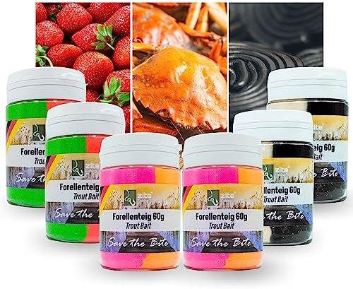 Zite Fishing Forellen-Pasten Special Editions - Trout Bait mit Lakritz, Krabbe, Erdbeer & Banane Aroma – 60g Forellen-Teig als fängiger Forellen-Köder mit Glitterpartikeln (6er Mixbundle)
