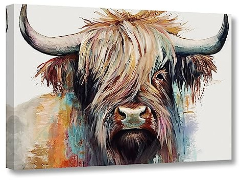 CCWACPP Bunter Highland Kuh Leinwanddruck Tier Wandbilder abstraktes Highland Rinder Gemälde Bauernhaus Badezimmerdekor 60L x 40B cm