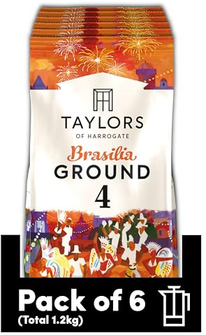 Taylors of Harrogate Brasilia Ground Coffee 200 g (6-Pack) | 6 Packs of 200 g, Roast 4, Vibrant & Caramelly Speciality Blend, 100% Arabica Ground Coffee