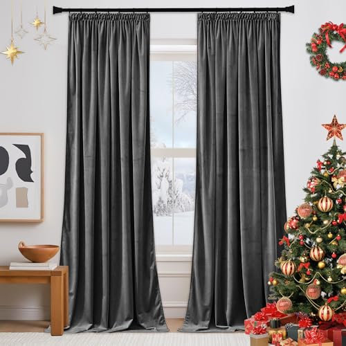 PONY DANCE Grey Velvet Blackout Pencil Pleat Curtains - Thermal Insulated Luxury Drapes with Rod Pocket for Living Room & Bedroom, 52x90 Inches, 2 Panels