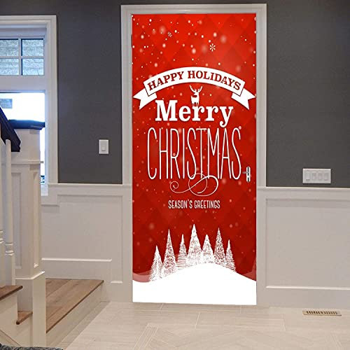3D Türtapete Frohe Weihnachten Feiertagsgrüße 90 X 200 Cm Selbstklebend Türposter Türaufkleber Fototapete Abziehen Und Aufkleben Türfolie Poster Tapete - Kinderzimmer Wohnzimmer Küche Schlafzimmer Tü