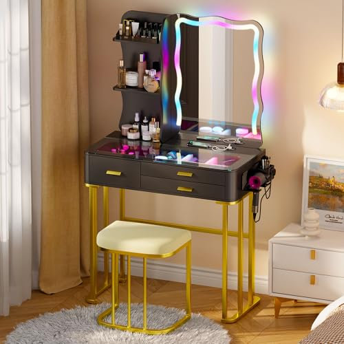 Lvifur Toletta da Trucco con Specchio LED, Toilette Trucco con Sgabello, uno Spazio di Archiviazione Della Sedia di Ricarica Wireless, Asciugacapelli a Rastrelliere Rossetto Camera da Letto