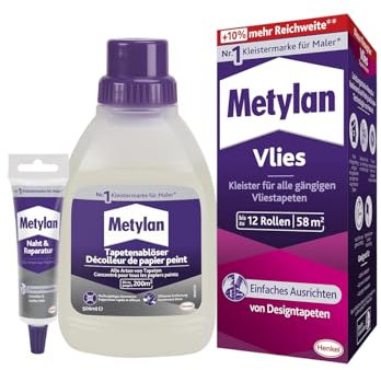 Metylan Vlies, Tapetenkleister für Vliestapeten (1x360g) & Metylan Naht- und Reparaturkleber (1x60g) & Metylan Tapetenablöser Aktiv-Konzentrat, löst problemlos (1x0,5l)