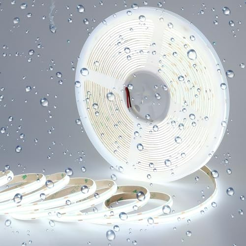 GOMING 24V 15M COB LED Streifen Kaltes Weiß 6000K Wasserdicht IP65 CRI 93+ | LED Strip 384LEDs/M LED Band Selbstklebend Hohe Helligkeit 11000lm Lichtband für Heim Deko(Netzteil nicht Enthalten)