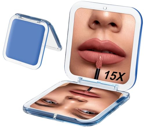 Fantasyon Premium Compact Mirror 15X Magnifying Mirror, Blue Travel Folding Vanity Makeup Mirrors for Purse,Handbag and Pocket, Portable Double-Sided Magnifying Cosmetic Mirror without Distortion