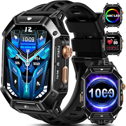 Bambooinn X1 Smartwatch Herren, 1000 mAh 30 Tage Akkulaufzeit, 2,13 Zoll AMOLED Always-On Display, 5ATM Militär mit Telefonfunktion Schlafüberwachung SpO2 Kompass Luftdruck, 103+ Sportmodi