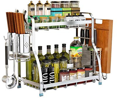 HBUNKT Spice Rack Organizer, Seasoning Racks, Stainless Steel Kitchen Seasoning Shelves Kitchen Storage Organizer,Bottle Racks,Tool Holder,Spoon Ladle Hanger,Oil Bottle Cruet Holder(35cm)