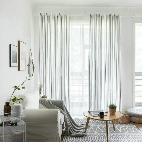 Daesar Gardinen Halbtransparent mit Ösen, Vorhänge Lichtdurchlässig 2er Set 102x160CM Nordisch mit Schwarz Gestreift Motiv Weiß Vorhänge Wohnzimmer Küche