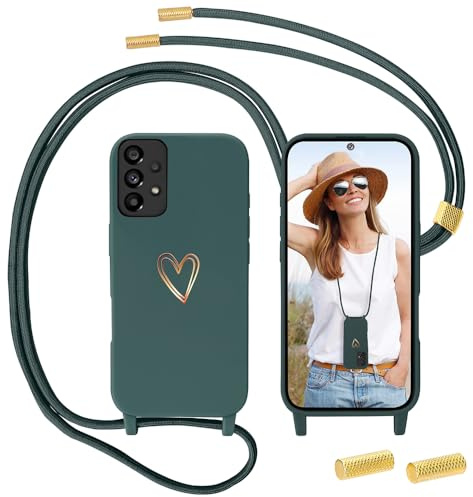 Handyband für Samsung Galaxy A53 5G Hülle mit Band, MoEvn Necklace Handyhülle mit Kordel für zum Umhängen Herz Muster Silikon Case Stoßfeste Schutzhülle mit Abnehmbar Kette für Samsung A53, Grün