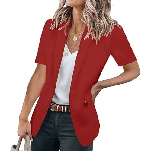 SPSMOKH - Chaqueta de trabajo de oficina para mujer, estilo casual, manga corta, con abertura frontal, ligera, talla grande, Boyfriend (Rojo, 3XL)