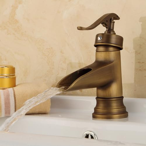 MocArt 60103 Retro Wasserfall Wasserhahn, Warm und Kaltwasserhahn für Bad Waschbecken, Hotel Messing Mischwasserhahn, Keramikventilkern, Bionisches Wassersparendes Design (Retro)