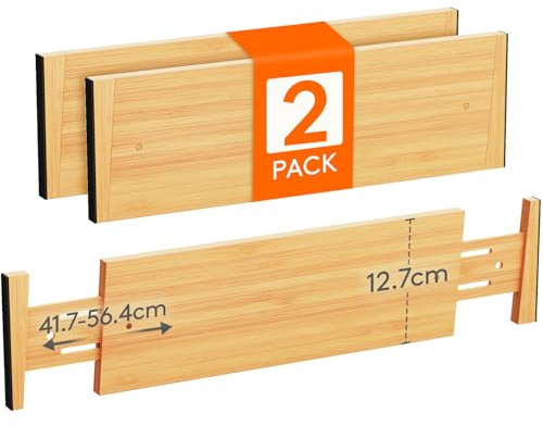 Lifewit 2 stycken justerbara lådavdelare av naturlig bambu, innerlängd 41,7–56,4 cm, höjd 12,7 cm, organisationssystem för kök, skåp, skrivbord, Lifewit 2-pack