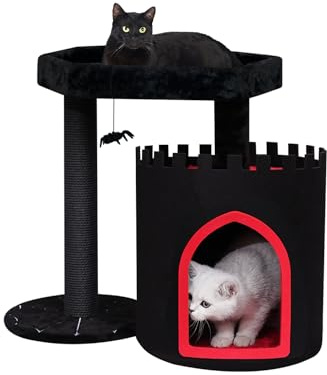 YARUOMY Gothic-Katzenbaum-Schloss, schwarzer Katzenturm mit Sarg-Katzenbett, geräumige Katzenhütte für Halloween-Katze, Kraftschnur, Kratzbäume, Spinnen-Hängeball, Gothic-Haustiermöbel (klein)