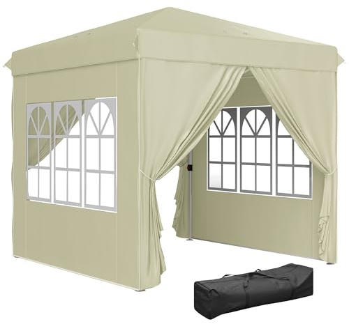 Outsunny Tonnelle pliable - Environ 2,5 x 2,5 m - Imperméable et stable - Résistant à l'hiver - Protection UV 50+ - Pliable - Avec 4 panneaux latéraux - Sac - Pour camping, jardin - Blanc crème
