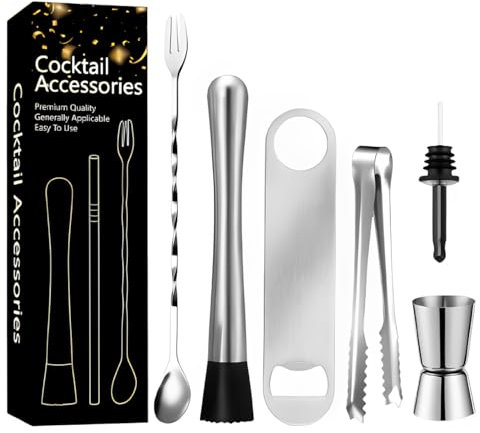 Professionelles Cocktail Set (6-teilig), Edelstahl Stampfer, Cocktail Stößel,Barlöffel Lang,messbecher,Eiswürfelzange,Cocktail zubehör,für Küche, Bar und Restaurant
