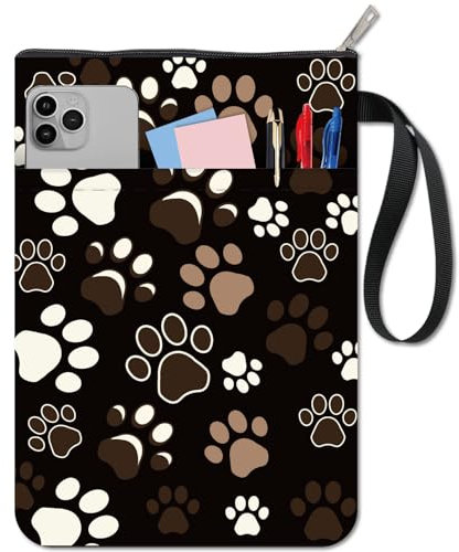 craspire Buchhülle Mit Pfotenabdruck Und Reißverschluss Zusätzliche Tasche wasserdichte Tasche Schwarzer Schutz Tragbares Seil Doppelseitiger Einband Für Bücher Hardcover Notizbuch Bibel Tagebuch