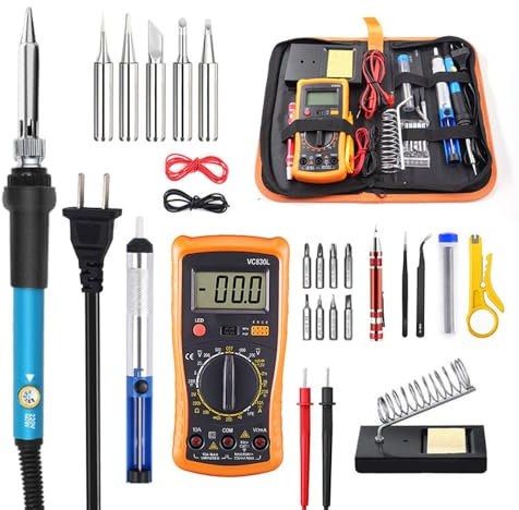 27Pcs Soldering Iron Kit, 60W Adjustable Temperature 200-480℃ Welding Tools, Welding Tools with Digital Multimeter, Tips, Soldering Iron Stand, Tweezers, Screwdriver for Electronics Repairing