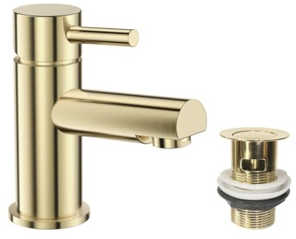 VeeBath Delta Mono Basin Mixer – Brushed Brass Finish, G1/2 Inlet, Single Lever, Rounded Edge Deck Mounted, Modern Design Sink Taps, Bathroom and Basin Tap