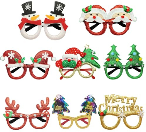 KOMEIYL 8pcs Weihnachtsbrillen, Kreative Lustige Weihnachtsgläser, Party-Brillen, Rahmen, Weihnachtsdekoration, Papierkostüm-Brille, Foto-Requisiten für Weihnachtenskostüm Kinder Party