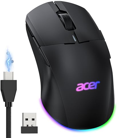 acer Souris Gaming sans Fil, 24 000 DPI, Dual Mode (2,4G+Filaire), 8 Boutons Programmables, Ambidextre, éclairage RGB, Rechargeable Mouse Wireless, pour PC et Ordinateur de Bureau