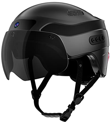 Casque de vélo intelligent Bluetooth avec enregistreur de conduite et fonction de lumière arrière LED pour visière amovible (HA03D-Black, M)