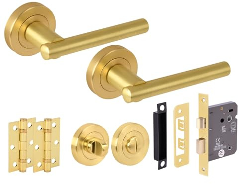 Hunta HANDLEZONE® Solus Door Handles on Rose Bathroom Lock Pack with Ball Bearing Hinges - Brushed Brass