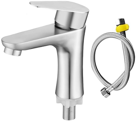 Kaltwasserhahn Gäste Wc, Kaltwasserarmatur Mit Anschlussschlauch, Bad Armatur Waschbecken, Wasserhahn Bad Mit Ablaufgarnitur, Edelstahl Wasserhahn Bad Nur Kaltwasser Für GästeWc WaschbeckenMatschküche