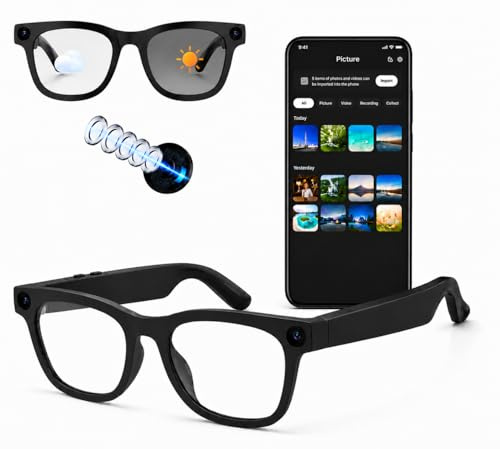 AI Smart Glasses with Camera – Photochromic Lens, Bluetooth Calling, Voice Assistant, Music Player, Translation & Video Recording (1, White)