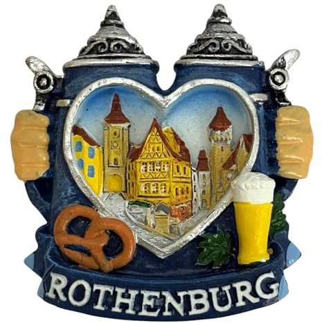 Kühlschrankmagnet Souvenir – Bierkrug Motiv mit Rothenburg Stadtansicht im Herz, 3D Magnet – Reiseandenken Mitbringsel & Geschenkidee