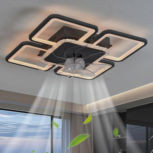 Dfiacn Ventilador de Techo con Luz Cuadrado y Mando a Distancia App Lampara Ventilador Silencioso 6 Velocidades Reversible Brillo Ajustable 60W para Salón, Negro