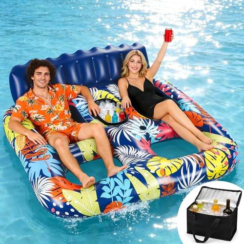 FORMIZON Luftmatratze Pool, Doppelte Deluxe Luftmatratze Wasser Erwachsene, Groß Solarium Tanning Pool Matratze mit Kissen Getränkehalter Eiskübel Kühltasche für Wasser Party Strand Sommerspaß (Blau)