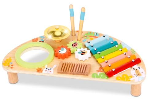 Momo Kids® Multifunktions-Musiktisch für Kinder, Montessori-Spielzeug, 2 Jahre, Kindertrommel, Xylophon, Becken, sensorische Räder, Schaber und Drumsticks, Geschenk für Mädchen 2 Jahre