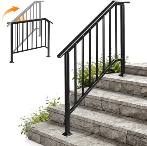 VINGLI Outdoor Handrail for 3-4 Front Steps, Thick Sturdy Wrought Iron | All Fixings Included, Fits Wood Brick Concrete Steps, 0–45°Adjustable Angle, Weather Resistant