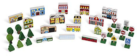 Melissa & Doug Wooden Town Spielset mit Ablageschale (32 Stück) Pretend Play Wooden Town Set für Kinder mit Stauraum