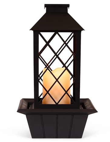Zingz & Thingz Water Feature Tabletop Fountain Candle Lantern, Decorative Light Home Decor, 13.5 Tall, Black
