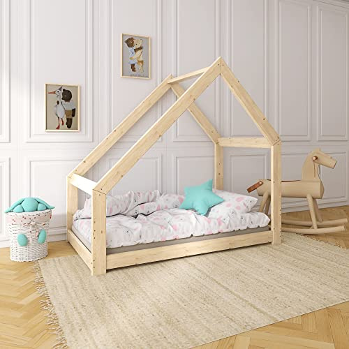 Need Sleep Hausbett Kinder Kinderbett 90x180 Bodentief ohne Rausfallschutz mit Lattenrost Kleinkind Bodenbett Haus ab 2 Jahre Montessori Bett aus Holz Mädchen Junge Asymmetrisch