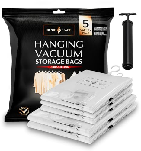 GENIE SPACE Premium Hänge-Vakuumbeutel für Kleidung, Mäntel & Kleider – 5er Pack Variety (2XL + 3REG), Luftdicht, Geruchsdicht & Wiederverwendbar – Doppelverschluss, mit Handpumpe