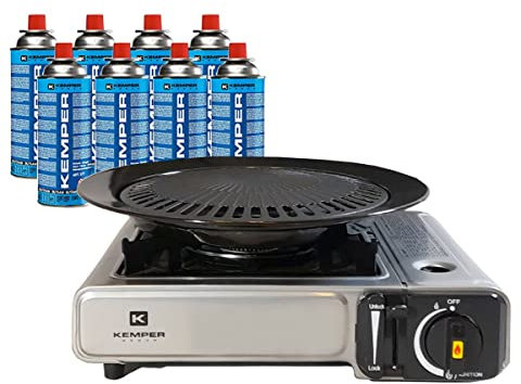 KEMPER - Barbacoa Grill 2 en 1 estufa de gas piezoeléctrico 2200 W + placa grill + 8 cartuchos de gas Butane Camping