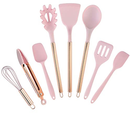 SHALOLY Silikon-Koch-Antihaft-Spachtel, Löffel, achtteiliges Küchenzubehör-Set, roségoldener Griff, Küchenutensilien