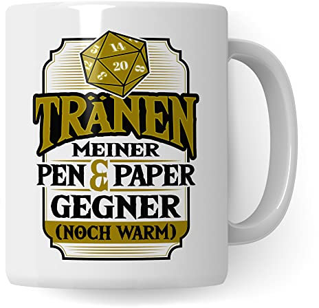 DnD Roleplay Tasse, Tränen meiner Pen & Paper Gegner (noch warm) Spruch, Rollenspiel Spruch D20 Dice Geschenk, Pen & Paper Tabletop D20 Motiv - RPG Dungeon Kaffee-Becher Geschenkidee (Weiß)