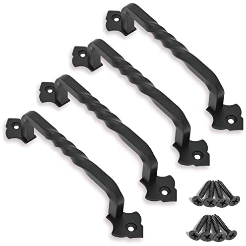 OVOV OUVIN 4 Pack Vintage Barn Door Handle Black Gate Handles for Wooden Gates with Screws Hardware for Wooden Garden Shed Cabinet Door (128mm/5inch) | Solid Steel, Matte Coating, Rust-Resistant, Vintage, Versatile Gate Handle for Shed Cabinet, Fence Gates, Wardrobes, Darwer