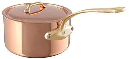 Mauviel M'Heritage 200 B 2mm Polished Copper & Stainless Steel Sauce Pan With Lid, And Brass Handles, 6-qt, Made in France