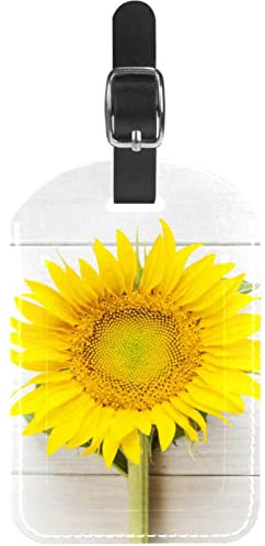 Schöne Sonnenblume auf weißem Holz-Textur-Tisch, PU-Leder, Reisetaschen-Etiketten, Kofferanhänger, personalisiertes Design