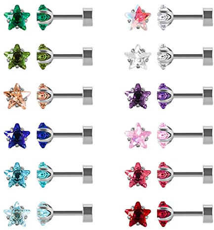 Set di 12 paia di orecchini a perno in acciaio inox chirurgico, con chiusura a vite, a forma di cuore, stella, quadrato, a goccia, placcati oro, con zirconia cubica
