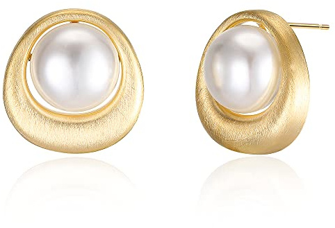Aprilery 18K Gold Plated Stud Pearl Earrings for Women, Fashion White Pearl Stud Earrings Jewelry Accessory Gifts for Her (Hollow Cone)