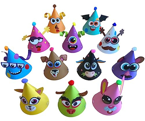 Kissymix Make Your Own Party Hat Pack of 12 Colourful, Funny Animal, Alien and Monster Party Hats for Crafting at Birthdays and Celebrations