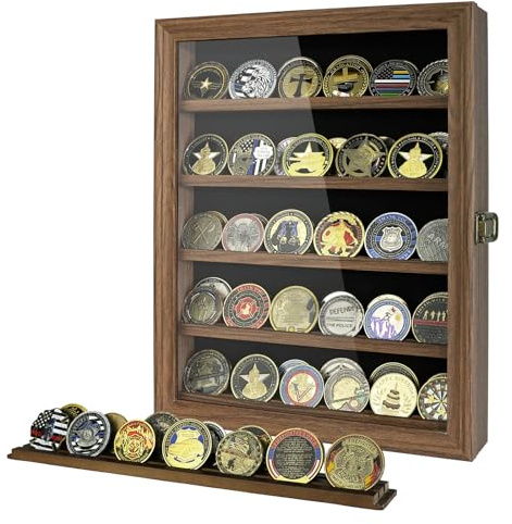 DecoWoodo Military Challenge Coin Holder Medal Display Case with HD Tempered Glass Door 5 Rows Poker Chips Shadow Box Cabinet Removable Shelves 2 Groove Slots for Collectors, Rust Brown Finish