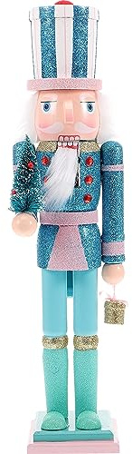Figurines de Noël casse-noisette en bois de 39 cm avec Père Noël tenant des cadeaux et un sapin de Noël, grand casse-noisette de Noël, décorations de table pour festivals (vert)