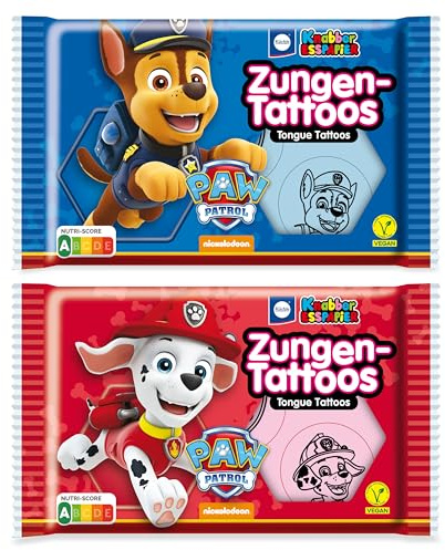 Küchle Knabber Esspapier Zungentattoos Paw Patrol 2er Set (2x11g), rot-blau | Vegane Süßigkeit mit 2 x 11 g, rote und blaue Oblaten mit fruchtig süßem Geschmack und Zufallsauswahl aus 4 Motiven